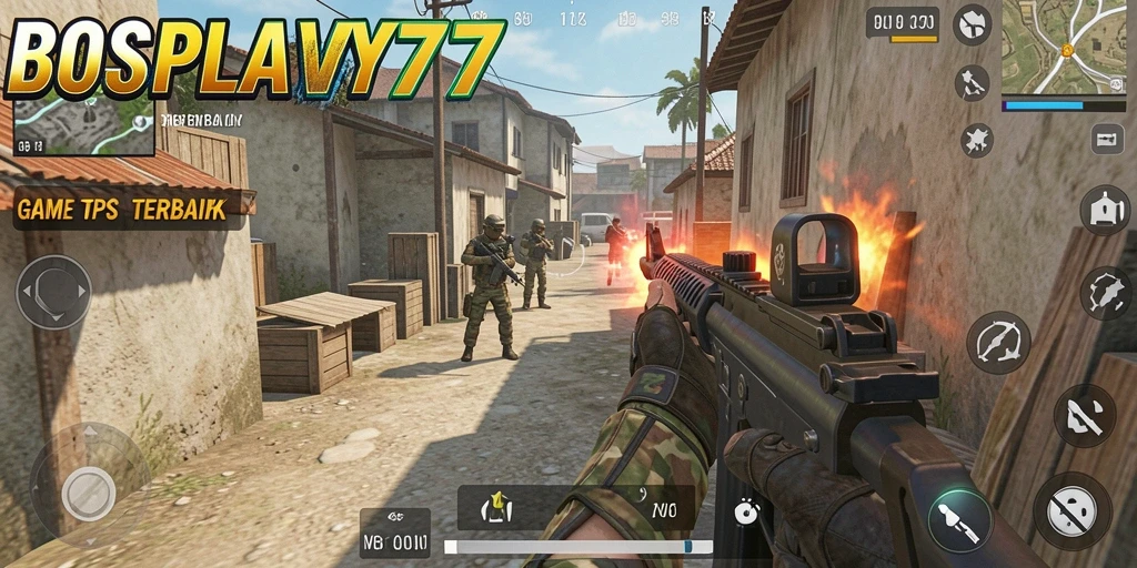 Screenshot gameplay BOSPLAY77 menampilkan aksi menembak seru dalam level penuh tantangan.
