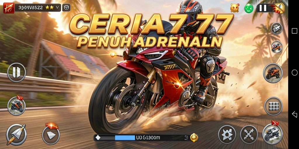 Tampilan gameplay CERIA777 dengan aksi balapan motor yang mendebarkan.