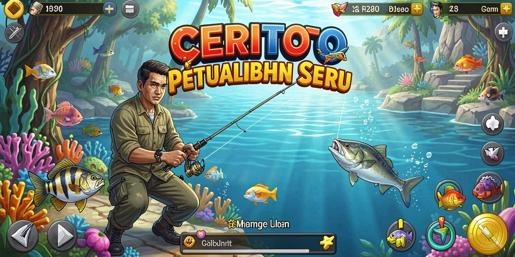 Tampilan gameplay CERITOTO yang menampilkan aksi memancing yang seru.
