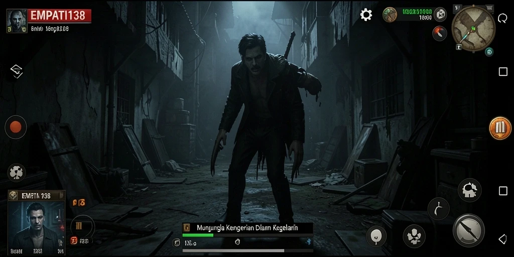 Screenshot gameplay EMPATI138 menampilkan suasana mencekam dan penuh ketegangan.