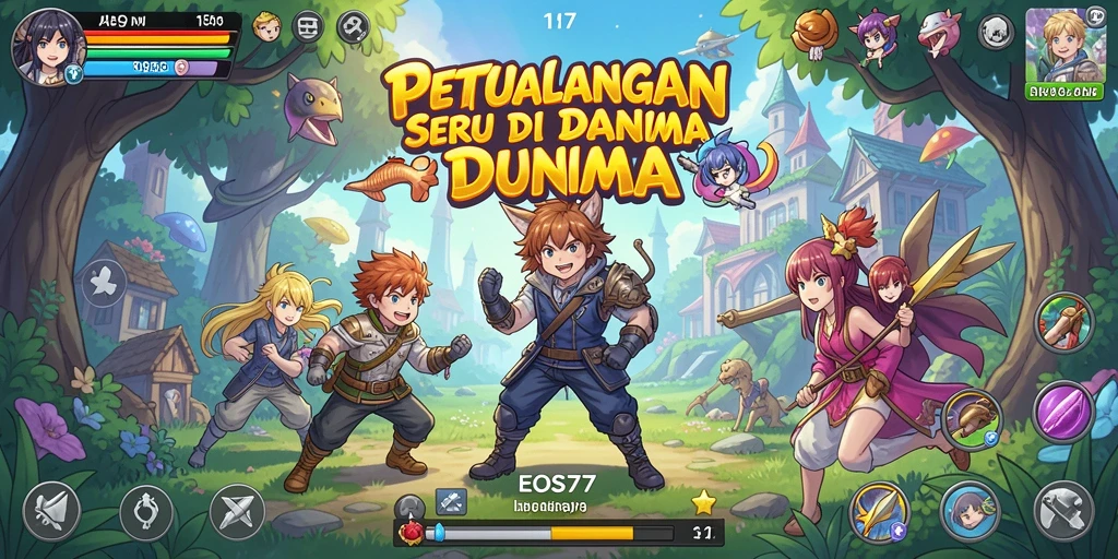 Screenshot gameplay EOS77 menampilkan pertarungan karakter anime.