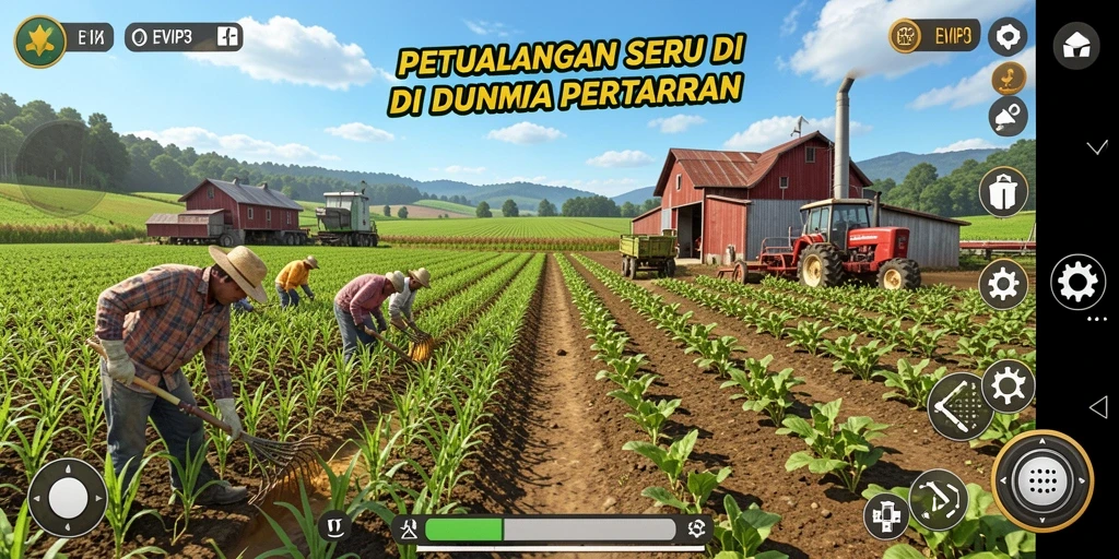 Screenshot gameplay EVIP3 menampilkan aktivitas bertani yang menyenangkan.