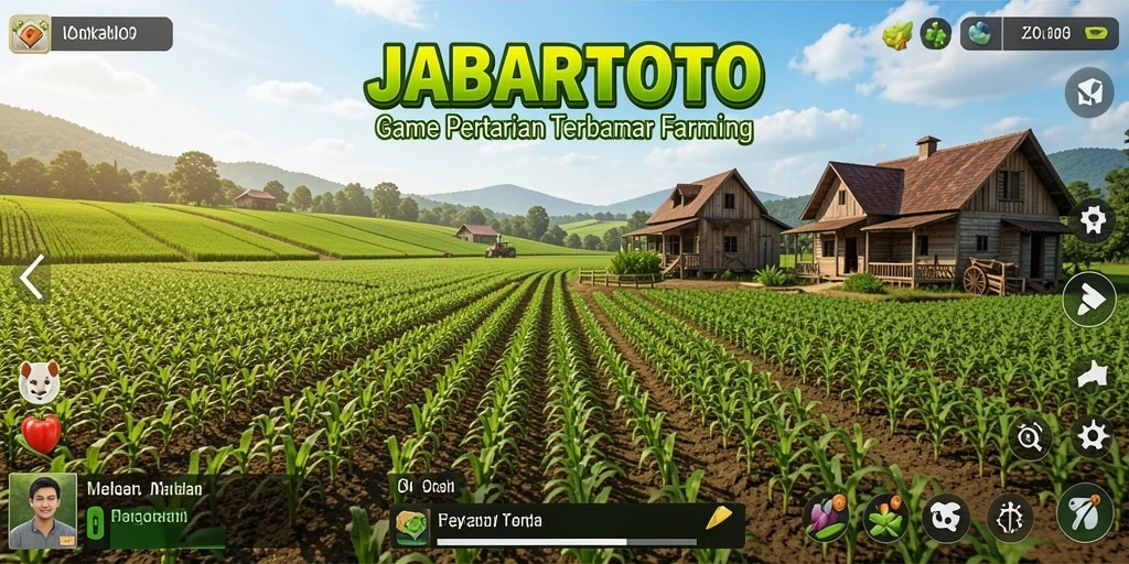 Screenshot gameplay JABARTOTO menunjukkan taman indah dan aktivitas bertani.