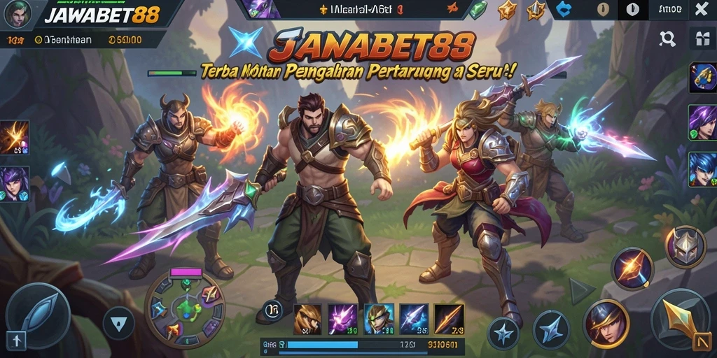 Tampilan aksi seru dalam permainan JAWABET88 dengan karakter-karakter MOBA.