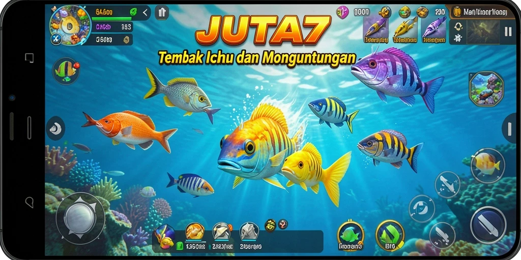 Screenshot JUTA7 menampilkan aksi seru dalam menembak ikan.