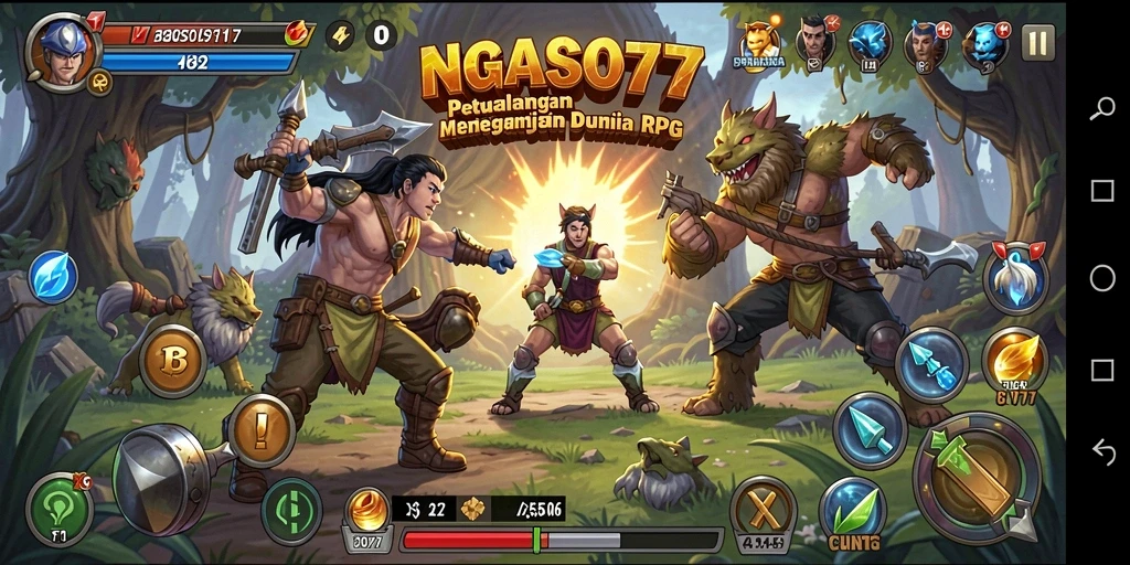 Screenshot NGASO77 menampilkan pertempuran epik dalam petualangan RPG.