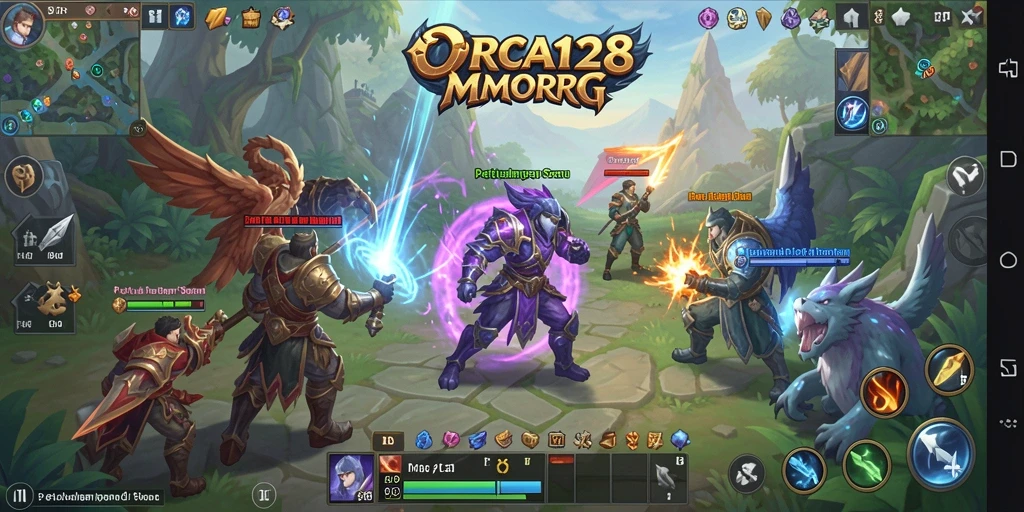 Screenshot gameplay ORCA128 yang menunjukkan aksi pertempuran di dunia MMORPG.