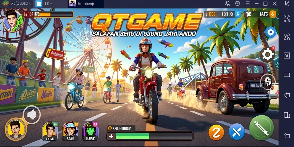 Tangkapan layar gameplay QTGAME yang menampilkan balapan seru di jalur kota.