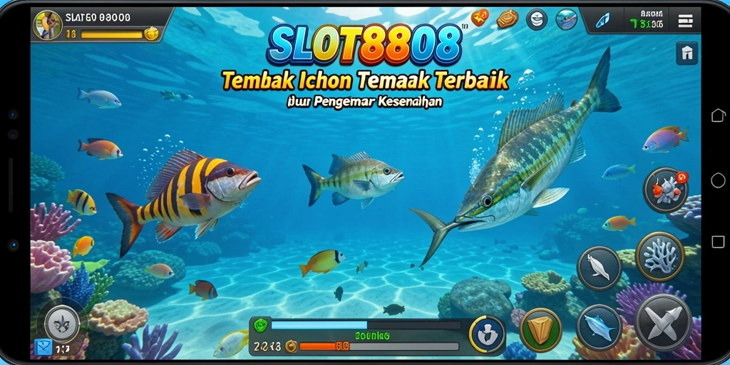 Tampilan gameplay SLOT8808 dengan aksi menembak ikan di bawah laut.