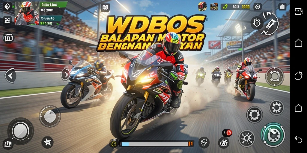 Tampilan gameplay mendebarkan dari WDBOS saat balapan motor di lintasan.